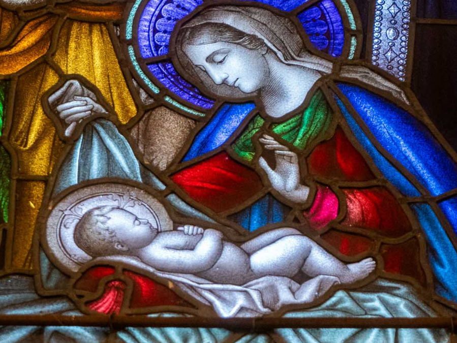 Stained glass depiction of nativity scene